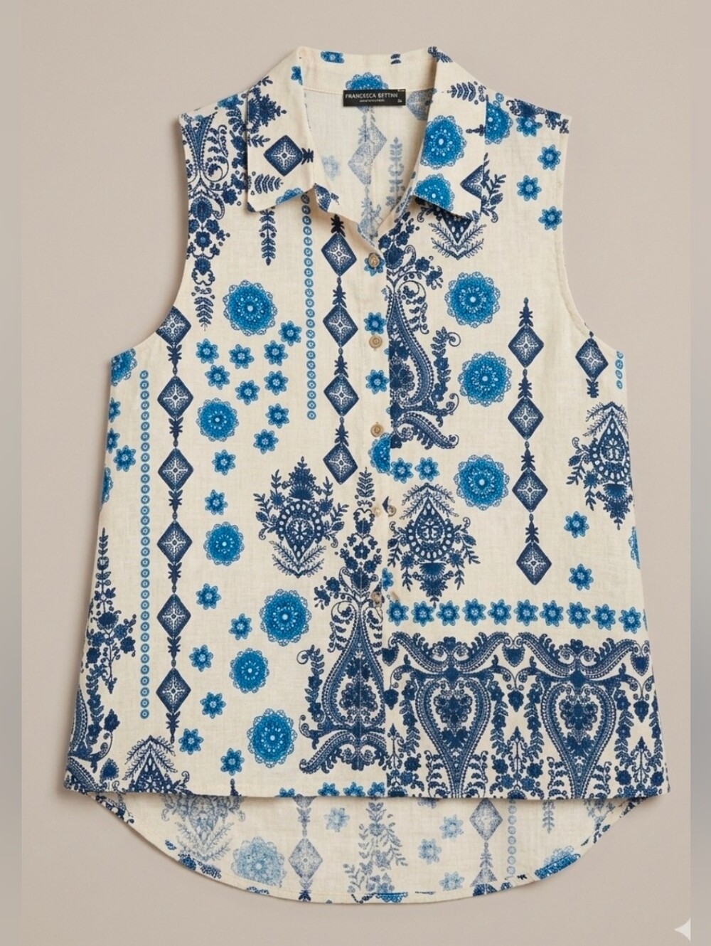 Francesca Bettini Linen Blue Paisley Floral Medallion Sleeveless Button Up M